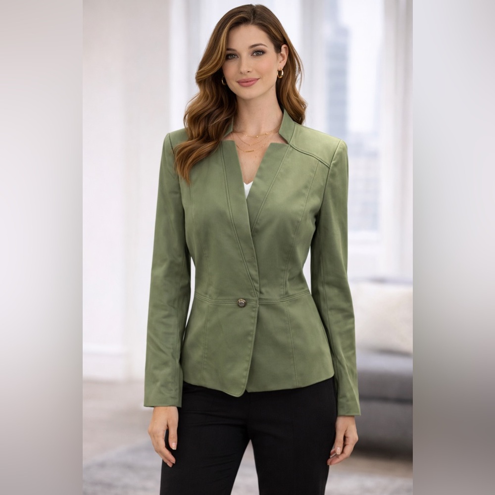 Nine West Olive Green One Button Tailored Blazer Jacket Size 10